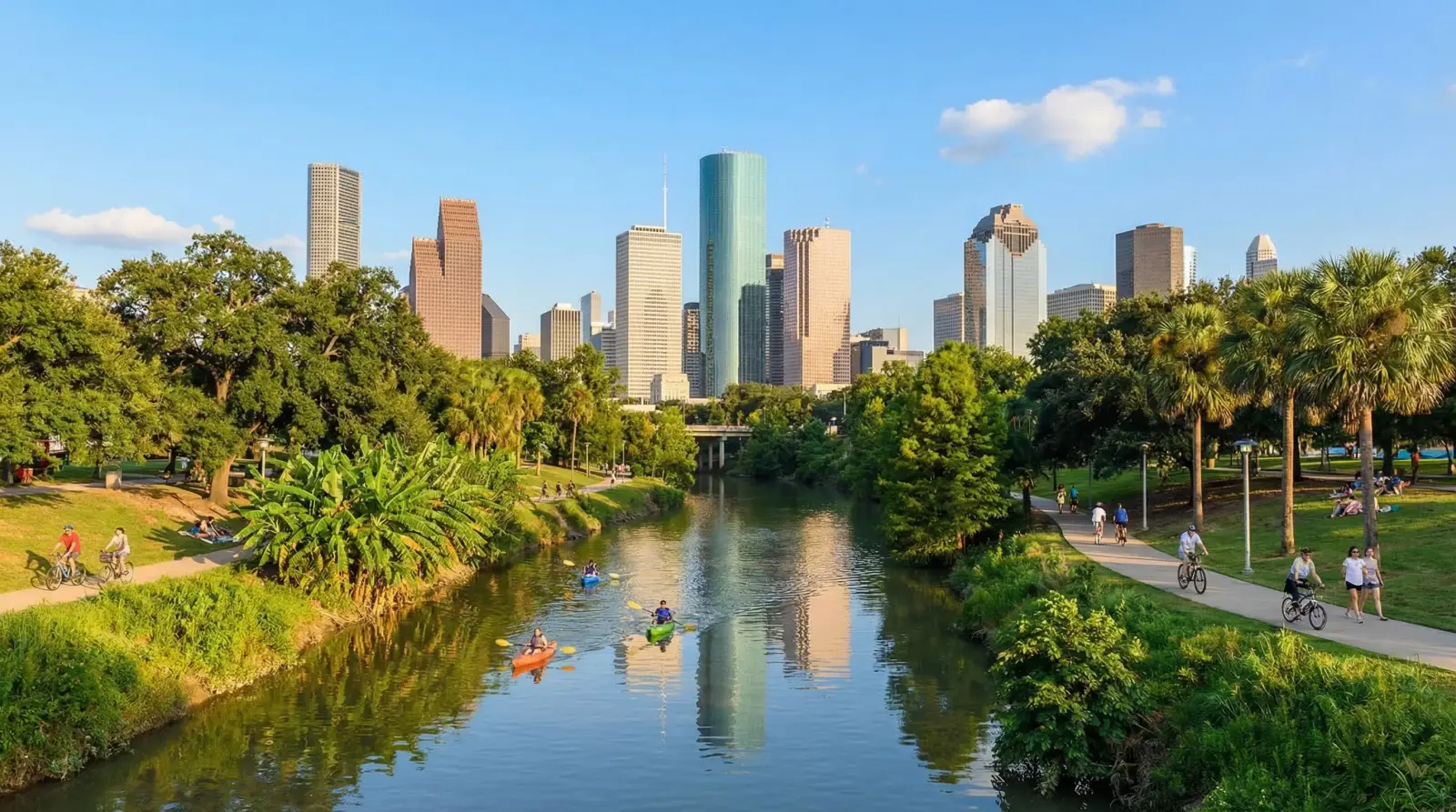 Buffalo Bayou Park Houston — kayakers on the bayou with cyclists on the greenway trail and Houston downtown skyline reflecting in the water