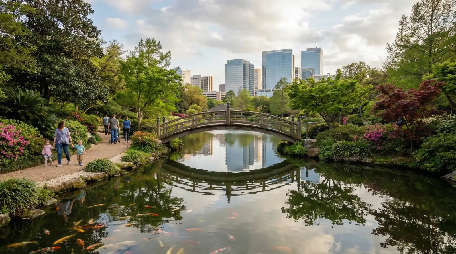 Hermann Park Houston Japanese Garden — arched bridge over koi pond with colorful carp, lush subtropical vegetation, and Houston Medical Center towers in the background