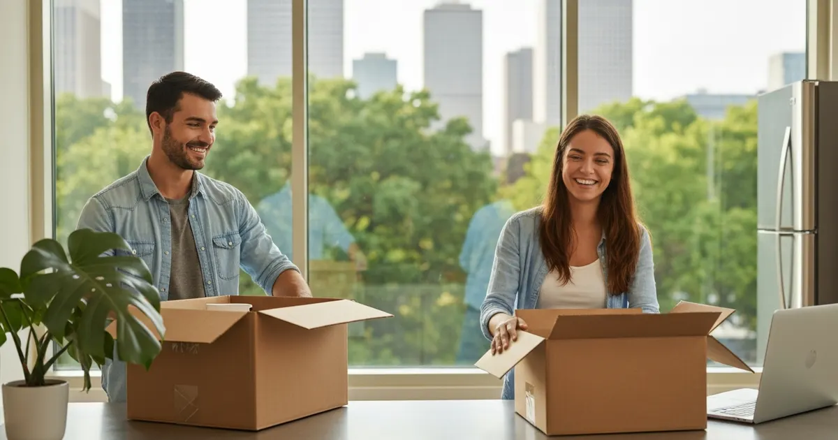 First 30 days in Houston: a new resident unpacking boxes and setting up utilities in a Texas apartment