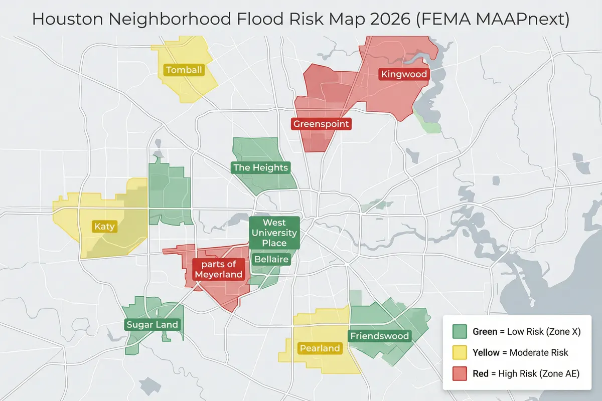 Houston neighborhood flood risk map showing FEMA zones for 25 areas updated with 2026 MAAPnext data