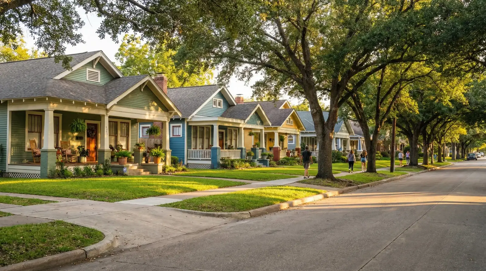 Tree-lined street in The Heights Houston Texas with charming Victorian bungalows and walkable neighborhood perfect for families relocating to Houston