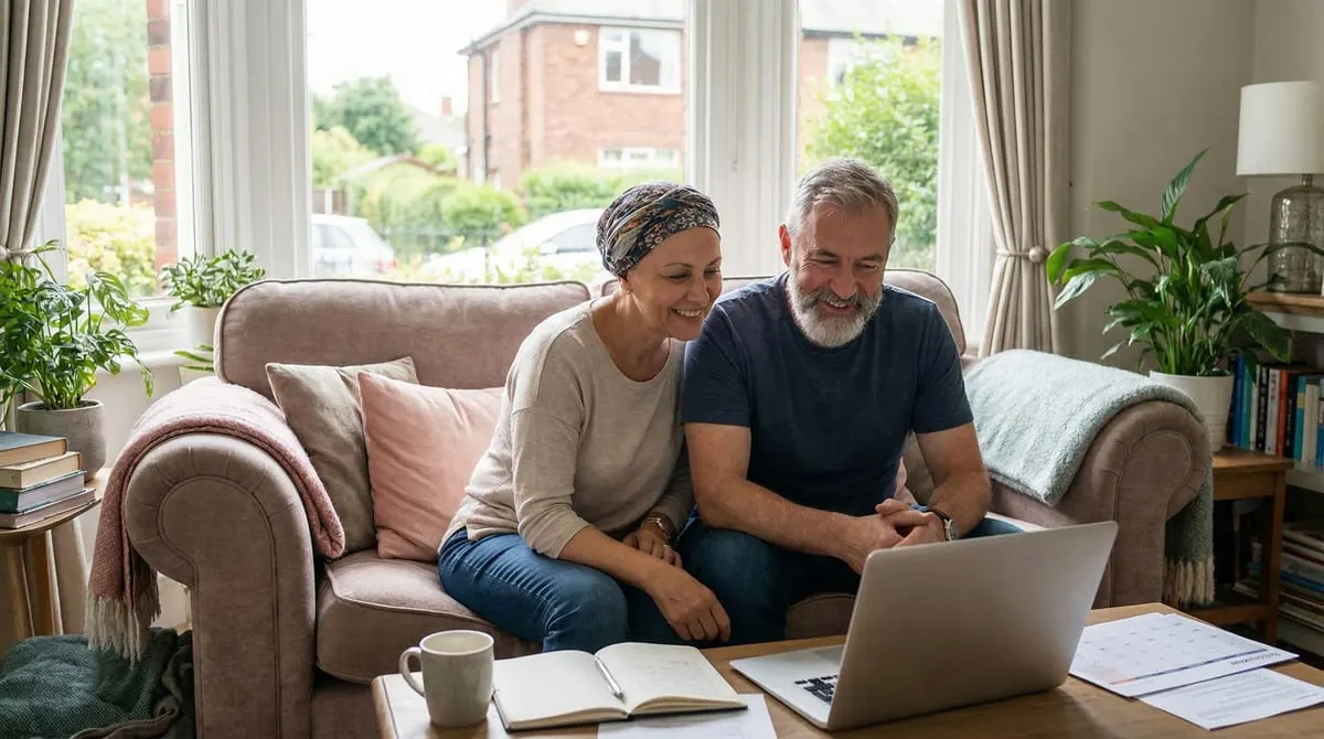 Cancer patient and caregiver sitting together on a couch in a bright lodging suite, planning their treatment schedule on a laptop