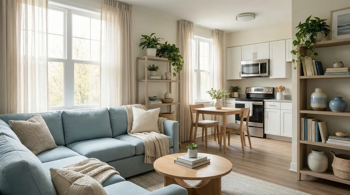 Interior of a furnished apartment near the Texas Medical Center with comfortable living room, full kitchen, and natural lighting — typical of patient and medical professional housing in Houston