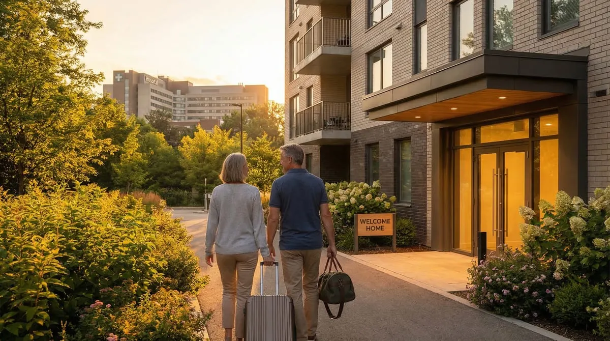 A patient and caregiver arriving with luggage at a welcoming lodging facility near the Texas Medical Center in Houston, with a hospital visible in the background at sunset
