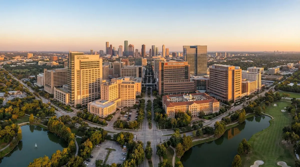 Aerial view of the Texas Medical Center campus in Houston at golden hour, showing MD Anderson Cancer Center, Texas Children's Hospital, and surrounding medical buildings with the Houston skyline in the background