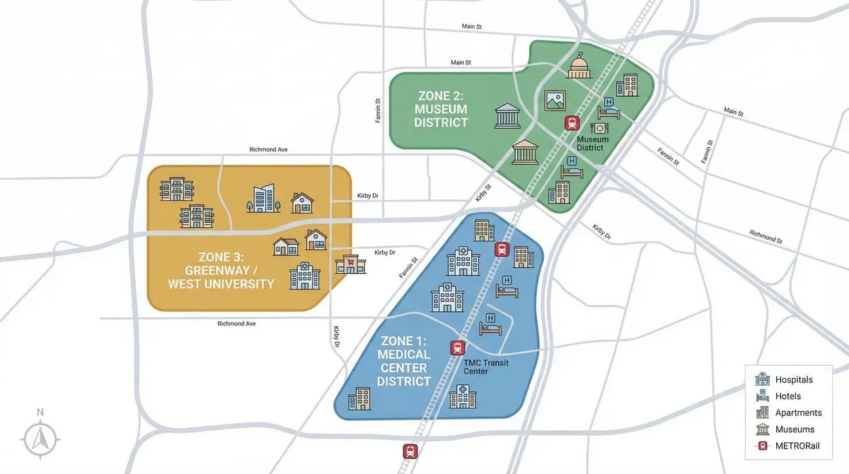 Map showing three lodging zones near the Texas Medical Center in Houston: Zone 1 Medical Center District in blue, Zone 2 Museum District in green, Zone 3 Greenway/West University in gold, with METRORail line and hospital locations marked