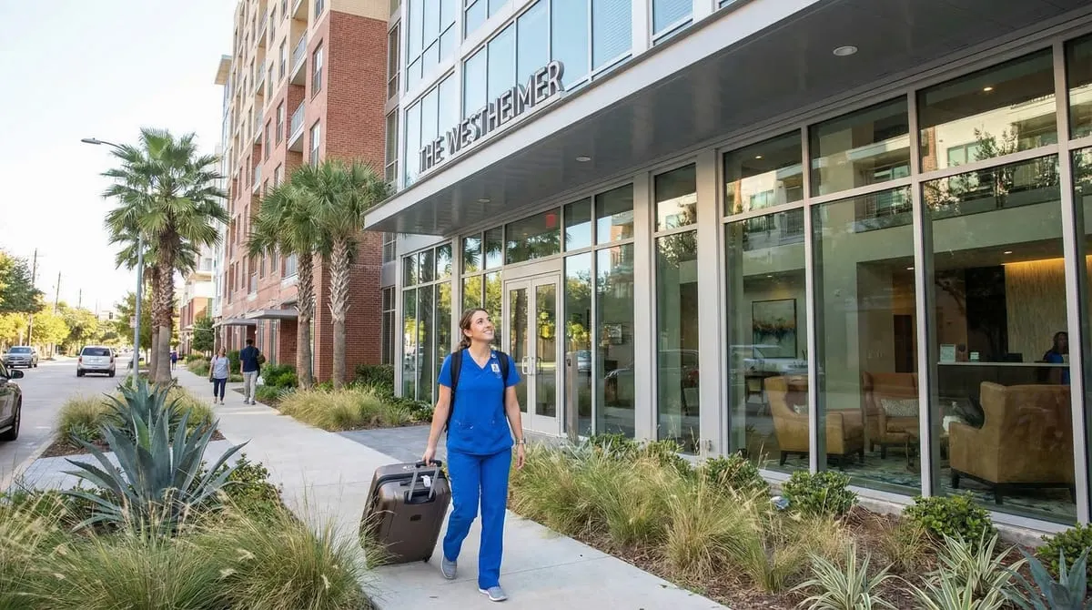 Travel nurse in scrubs arriving with a suitcase at a modern furnished apartment building in Houston near the Texas Medical Center
