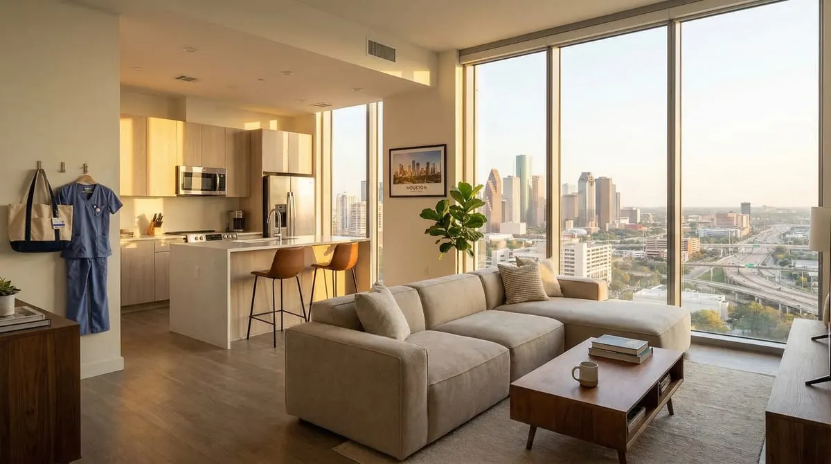 Modern furnished apartment living room near the Texas Medical Center with open kitchen and city views