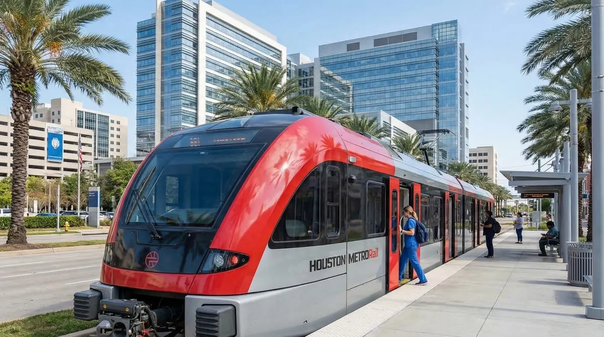 Houston METRORail Red Line train at a Texas Medical Center station with a nurse in scrubs boarding and TMC hospital buildings in the background