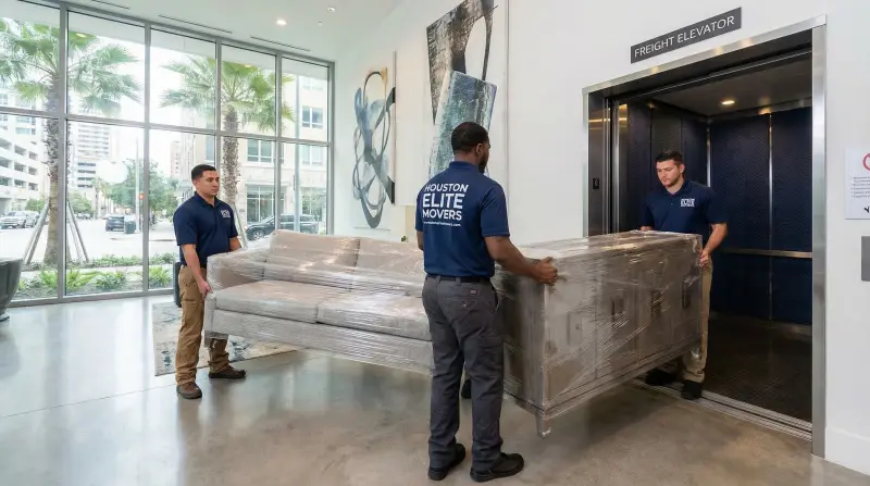 Professional movers carrying furniture into a Houston apartment building