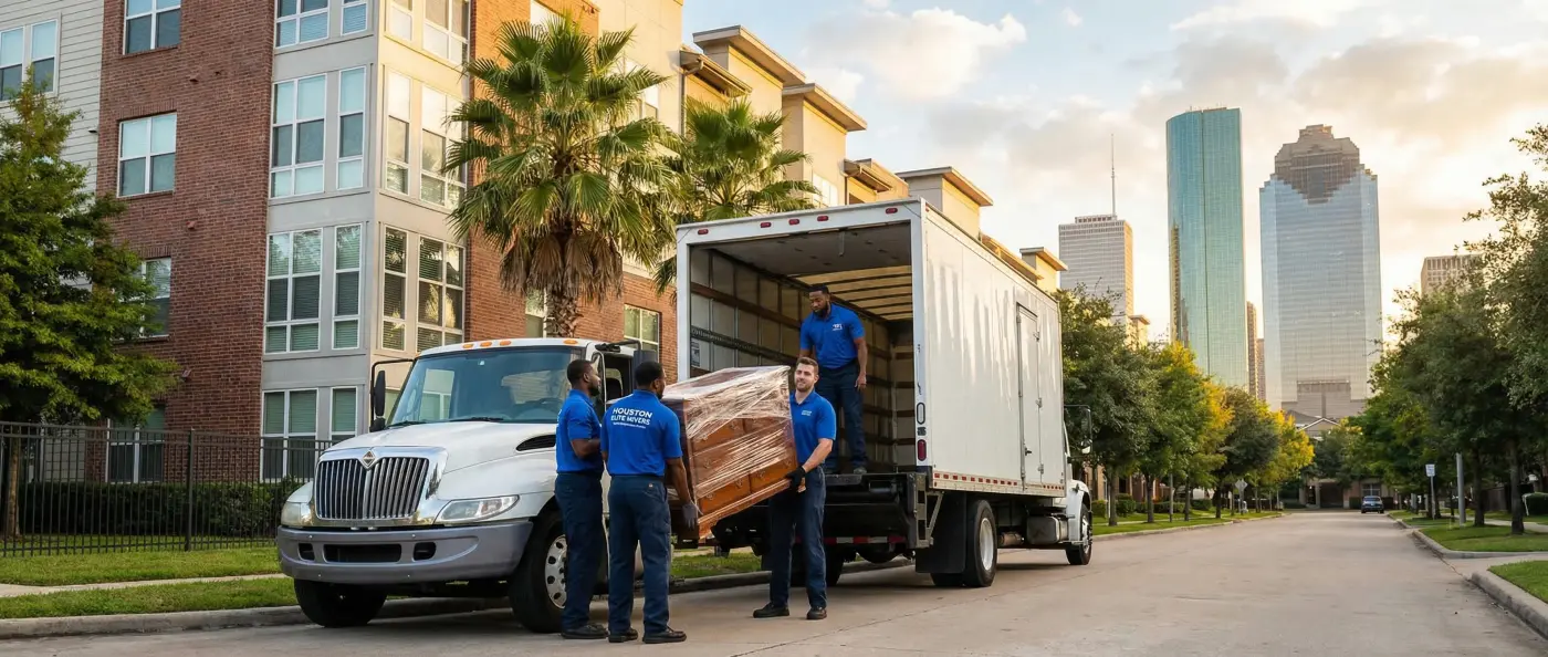 Professional Houston movers loading furniture with Houston skyline in background