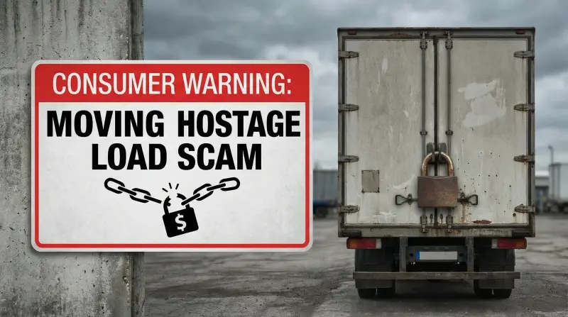 Warning illustration of a hostage load moving scam with belongings held on a truck