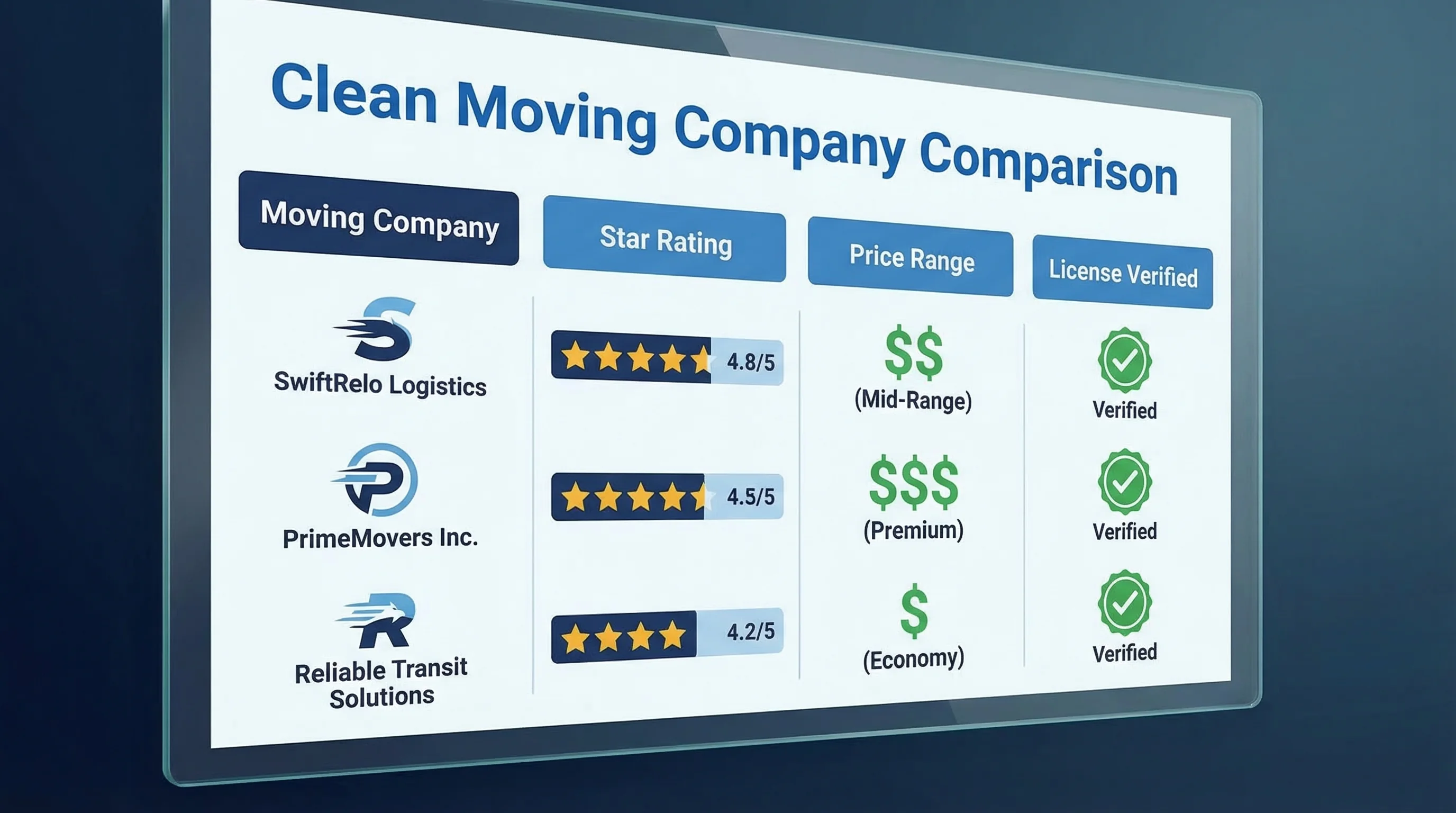 Comparison chart of top Houston moving companies by price, rating, and license status