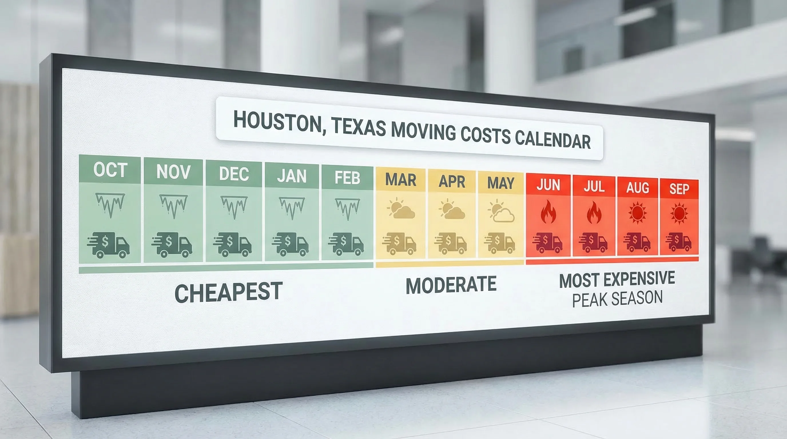 Houston moving seasonal pricing calendar: cheapest October through February, most expensive May through August