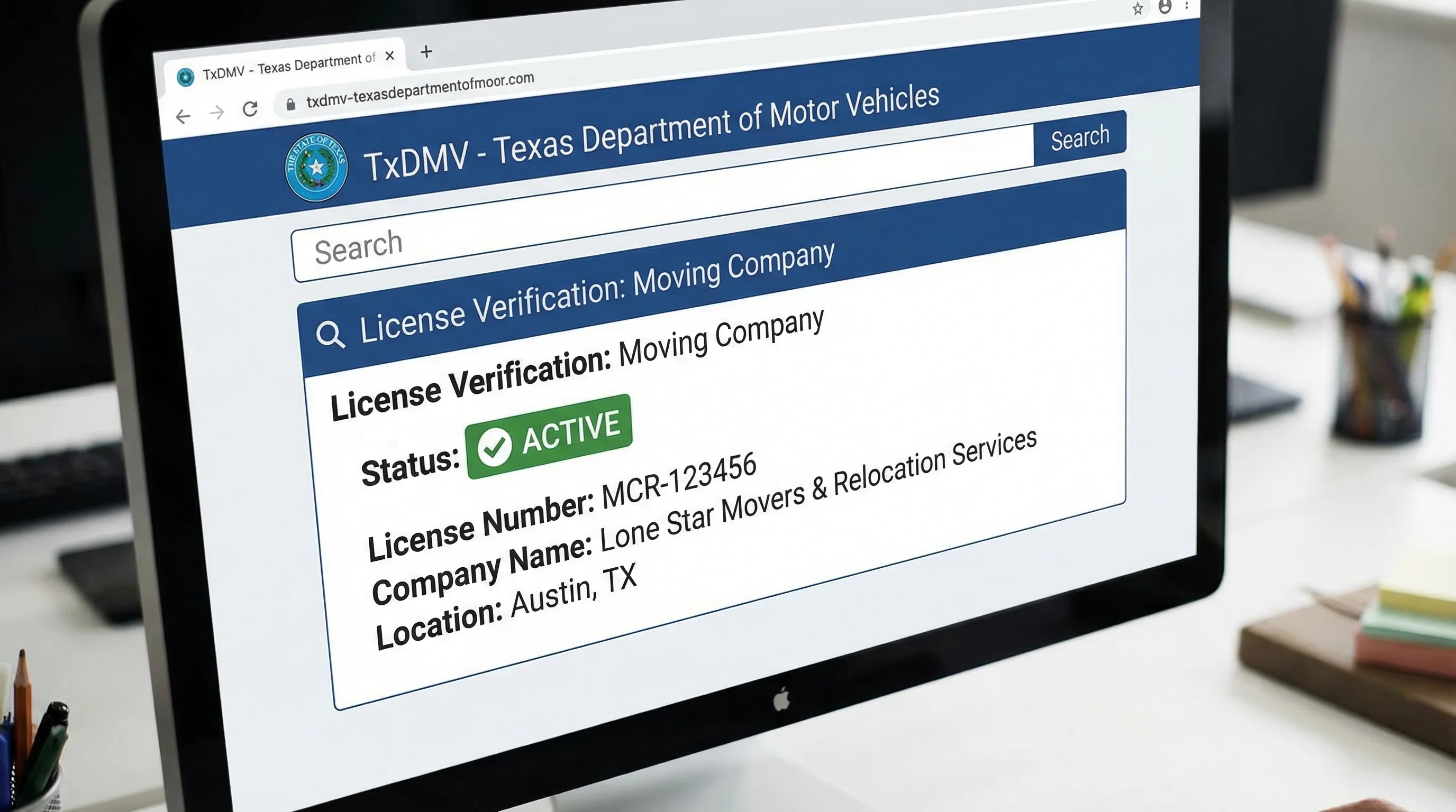 TxDMV Truck Stop license verification screen showing how to check a Houston mover