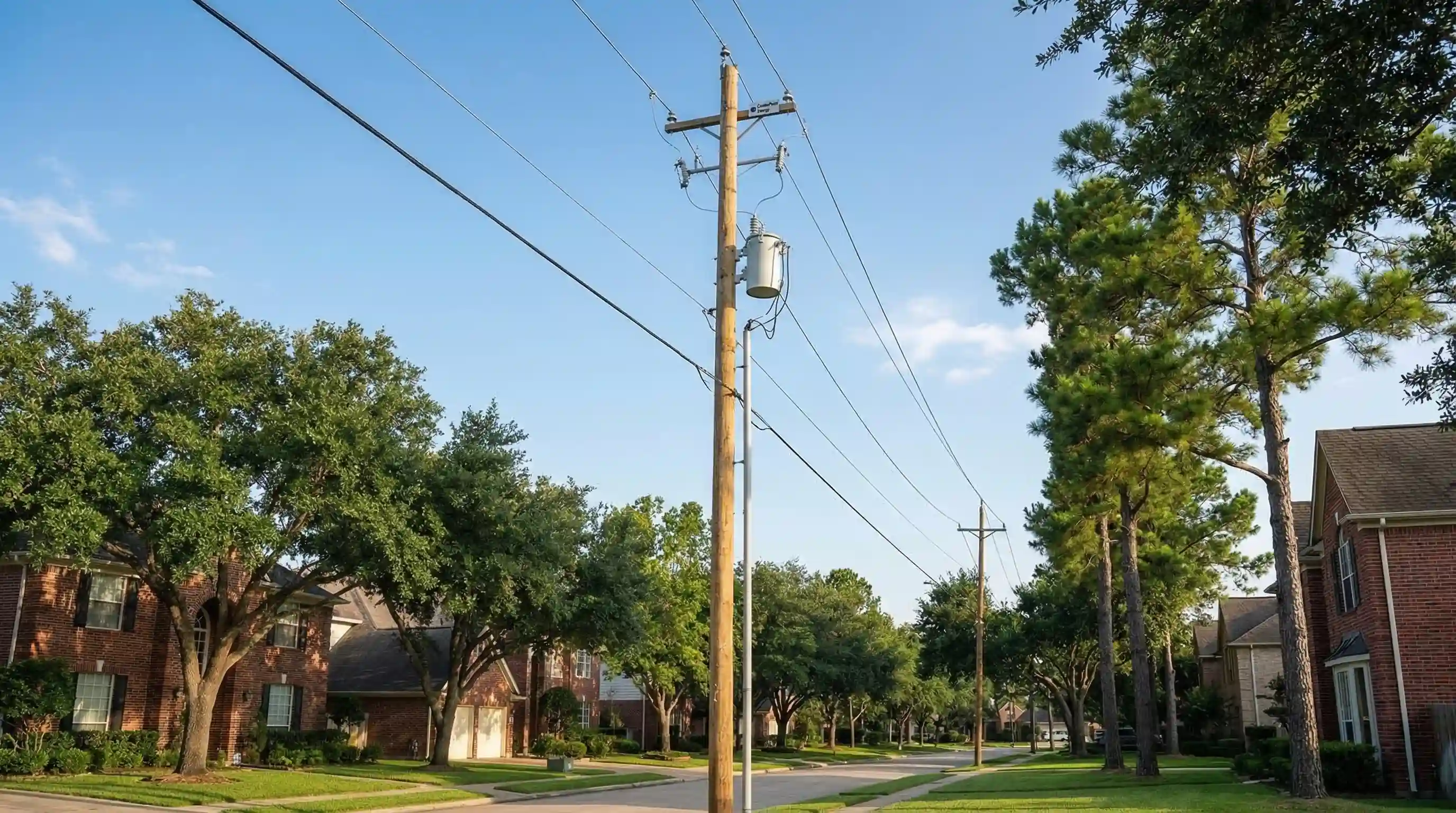 CenterPoint Energy utility infrastructure with power lines and smart meter in a Houston Texas neighborhood