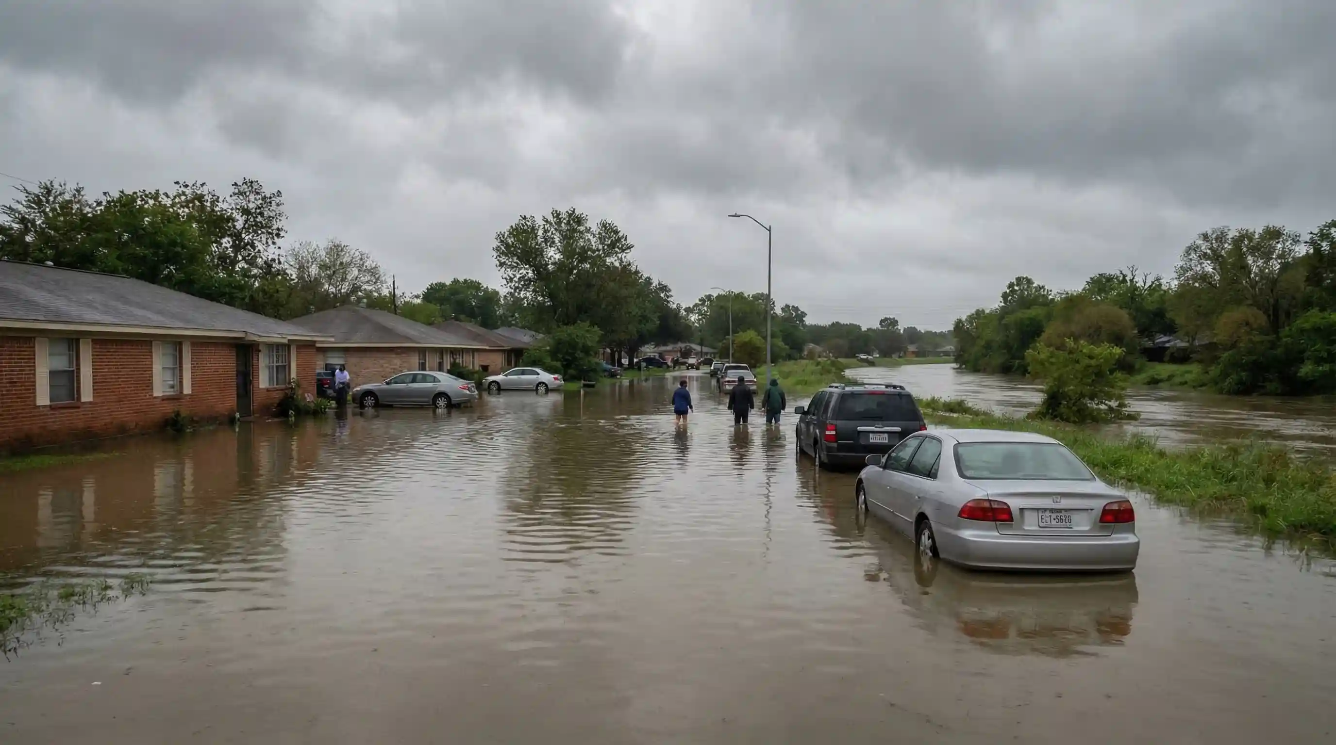 Houston Texas residential area with standing water and overflowing bayou after heavy rainfall event