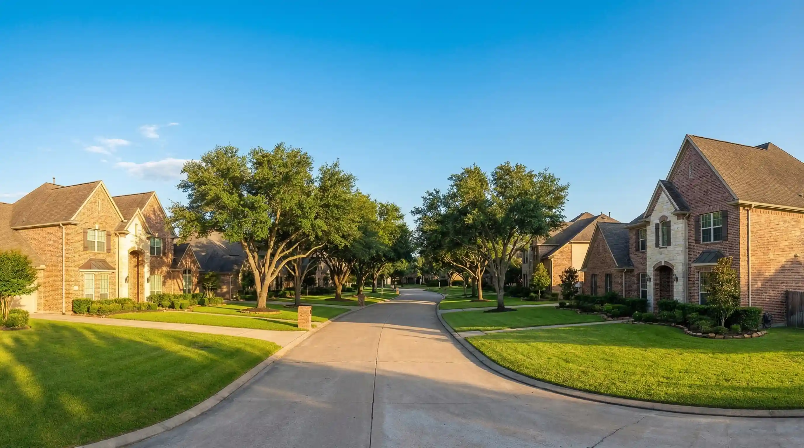 Tree-lined residential street with large brick homes in a Houston Texas master-planned suburban community