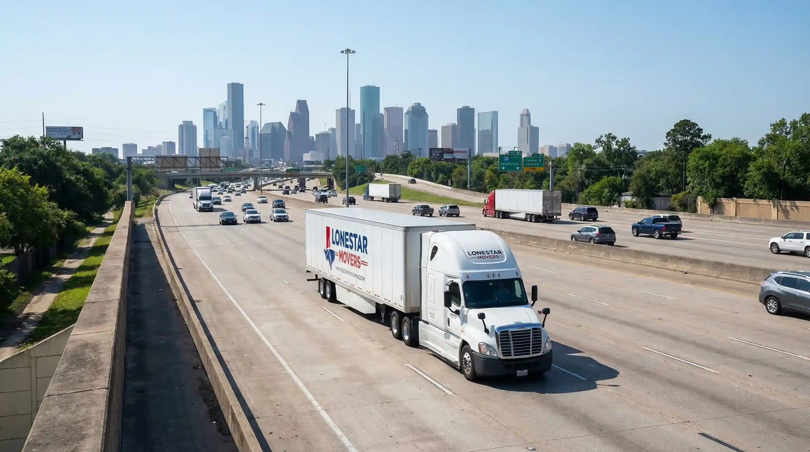 Moving truck driving on a Houston Texas freeway with the downtown skyline visible in the background