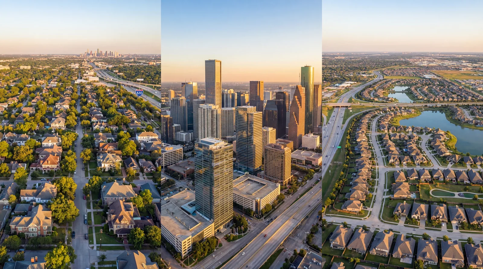 Aerial view of Houston Texas neighborhoods showing the downtown skyline, inner-loop residential areas, and surrounding suburbs