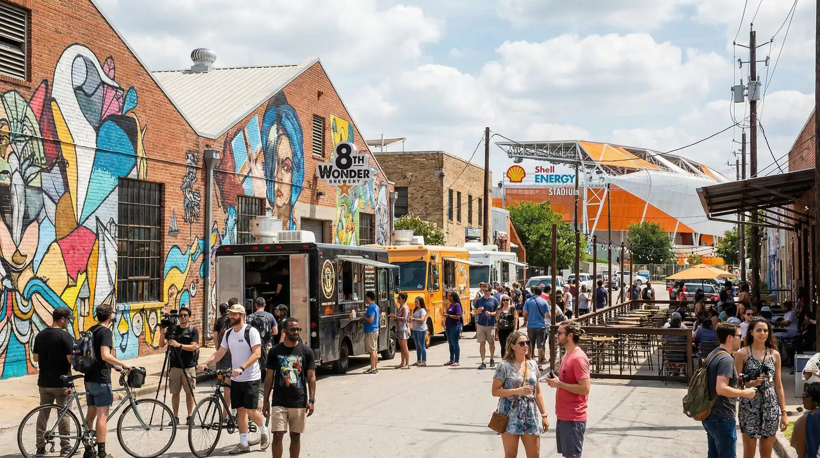 EaDo Houston revitalized warehouse district with 8th Wonder Brewery, street art murals, and food trucks