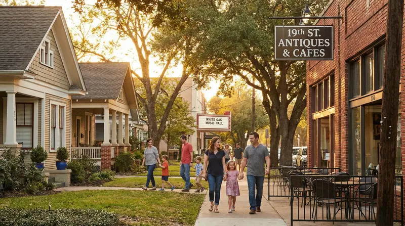 Houston Heights 19th Street shopping district with Victorian homes, antique shops, and bike-friendly streets