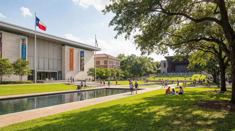 Houston Museum District Hermann Park with Museum of Natural Science, families, and tree-lined esplanade