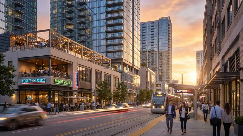 Midtown Houston METRORail light rail station with rooftop bars, mixed-use buildings, and urban nightlife