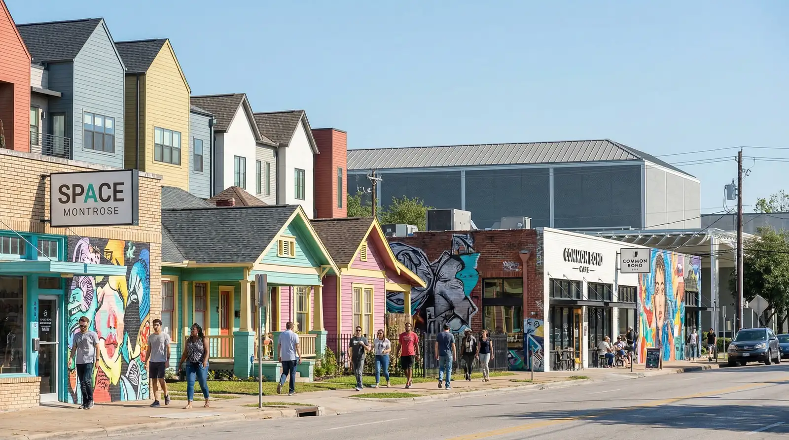 Montrose Houston Westheimer Road with eclectic shops, diverse community, bungalow homes, and art galleries