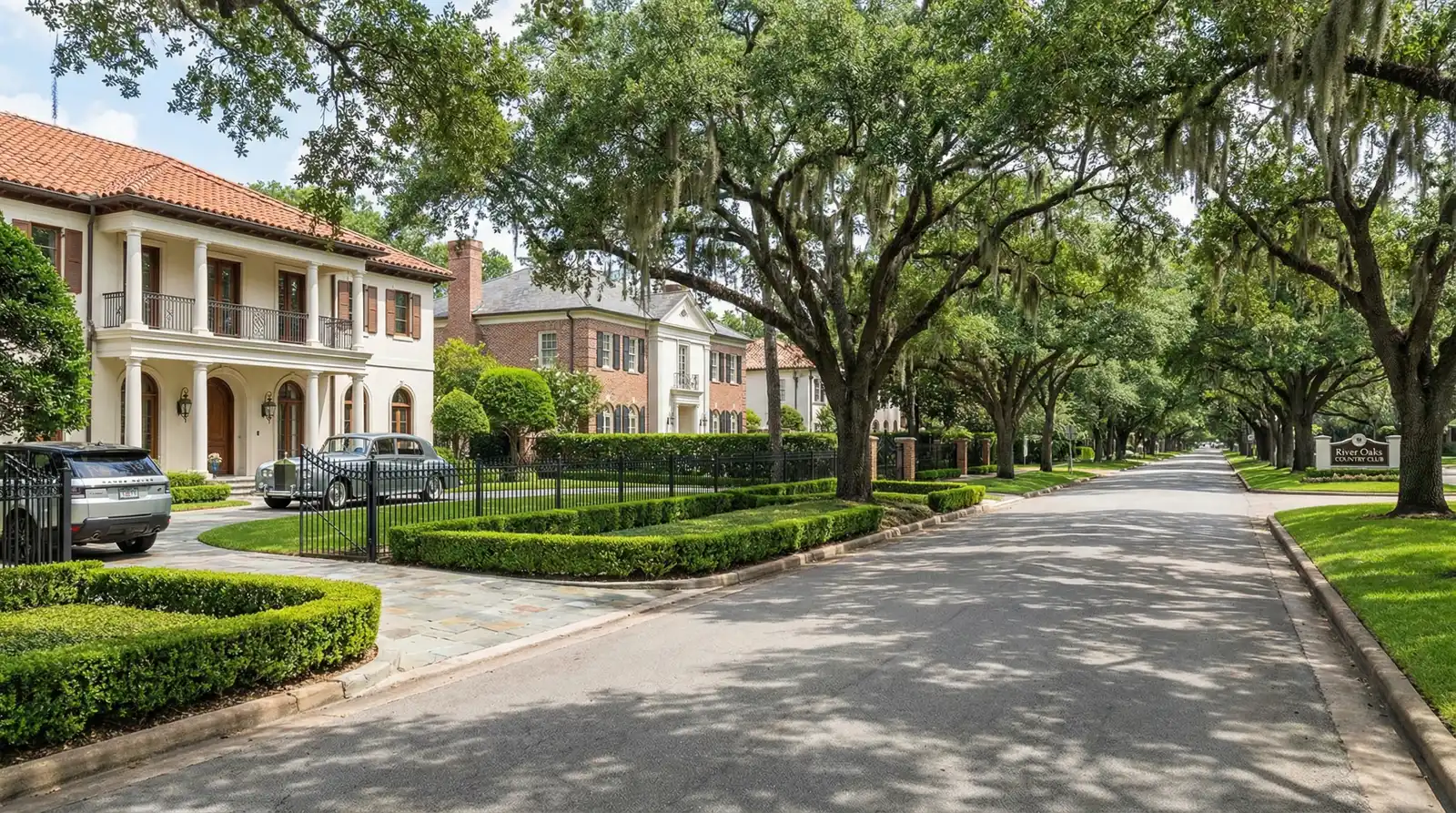 River Oaks Houston luxury estates with manicured gardens, oak-canopied streets, and exclusive country club