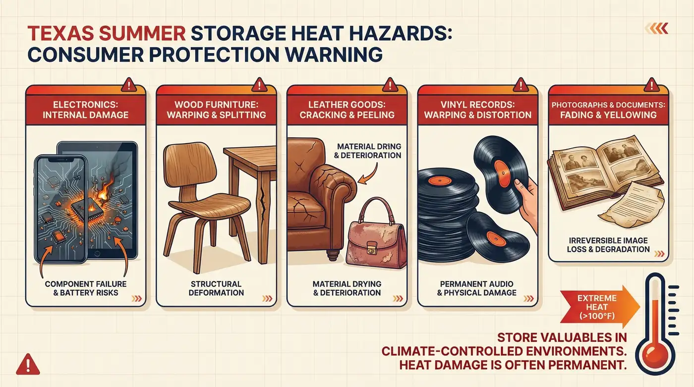Examples of storage damage from Houston heat and humidity: warped wood, moldy fabric, corroded electronics