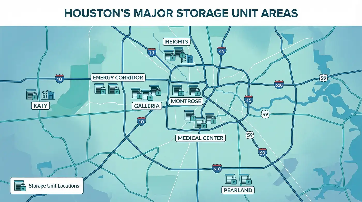 Map of Houston neighborhoods showing storage pricing tiers and flood risk zones