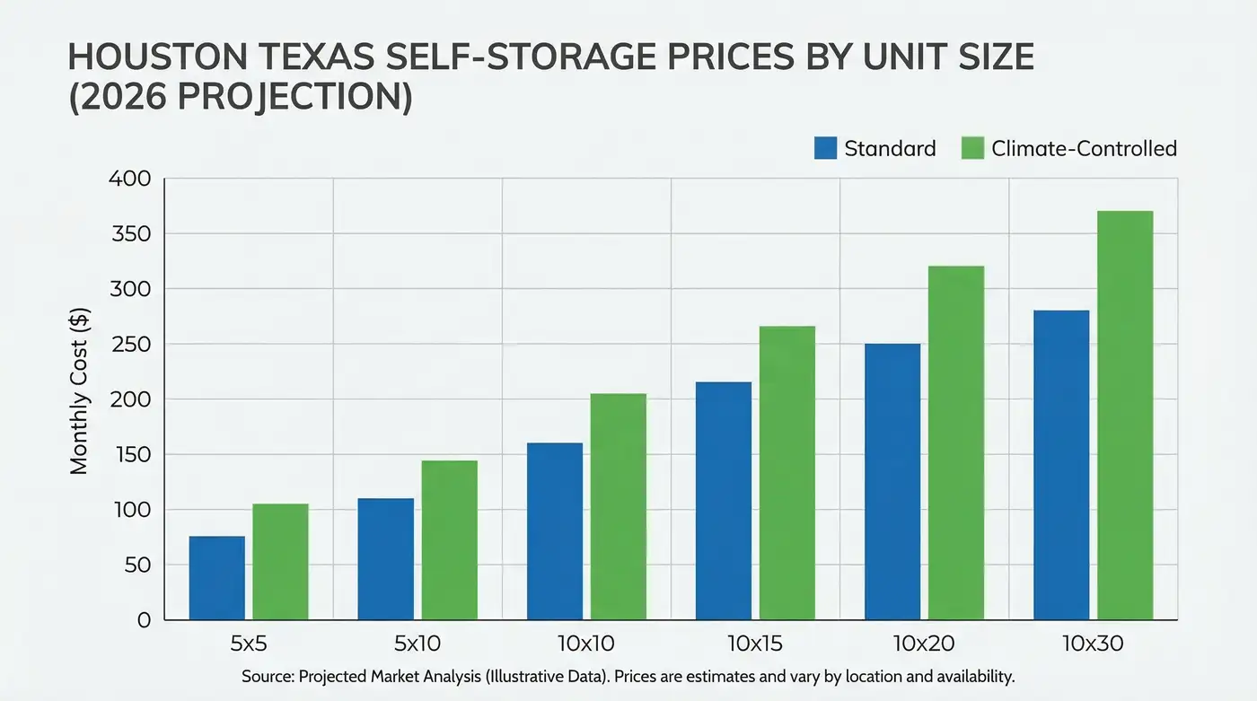 Houston storage facilities comparison chart showing climate control, security features, and pricing