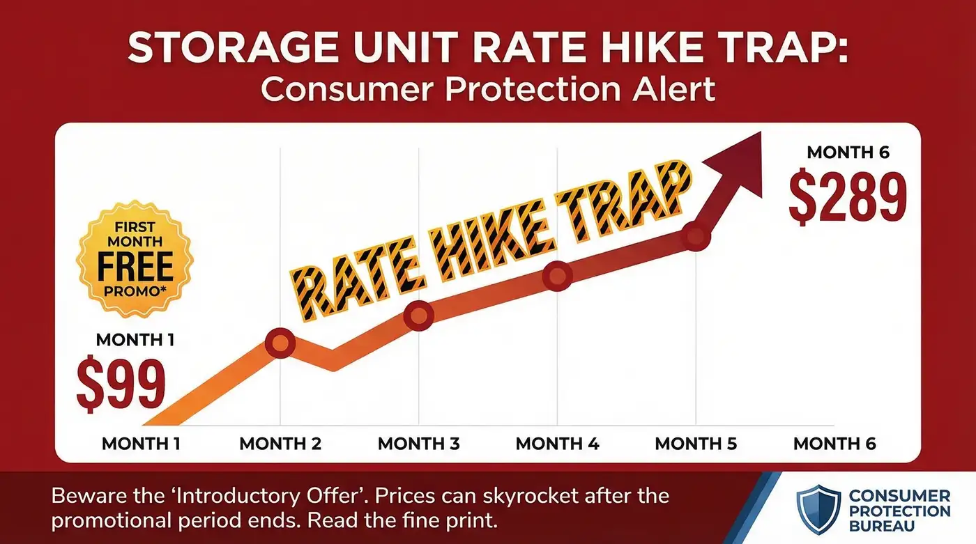 Warning graphic showing how Houston storage rate hikes work after promotional first month