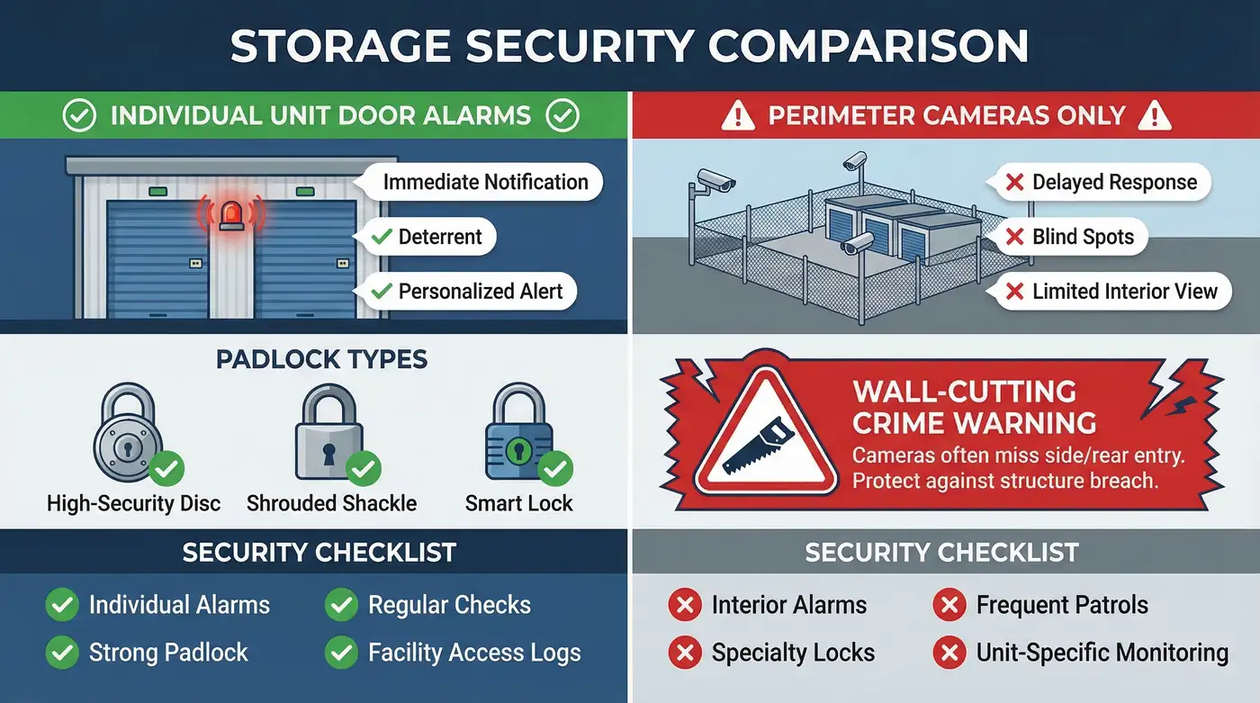 Storage unit security features comparison showing cameras, gate access, and individual unit alarms