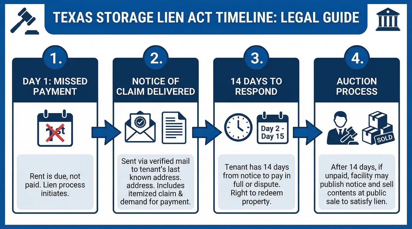 Texas Property Code Chapter 59 storage lien law timeline infographic