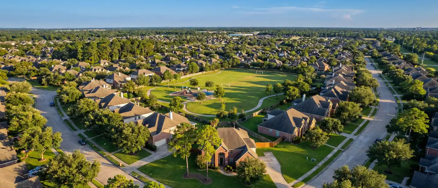 Friendswood suburb near Houston Texas with tree-lined streets and family-friendly homes