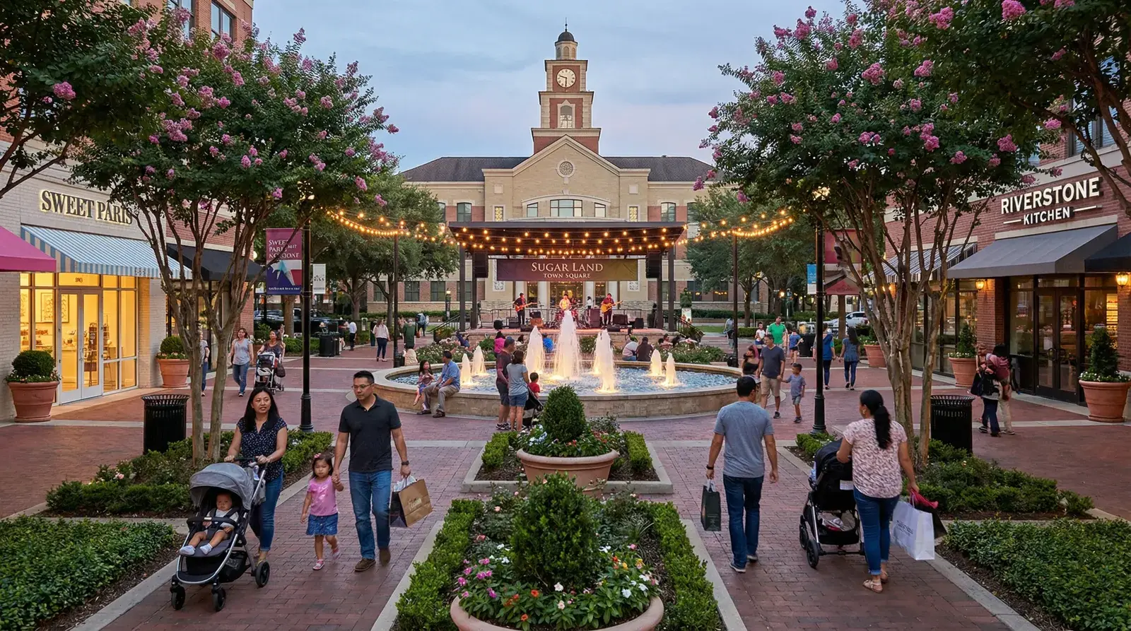 Sugar Land suburb near Houston Texas with tree-lined streets and family-friendly homes