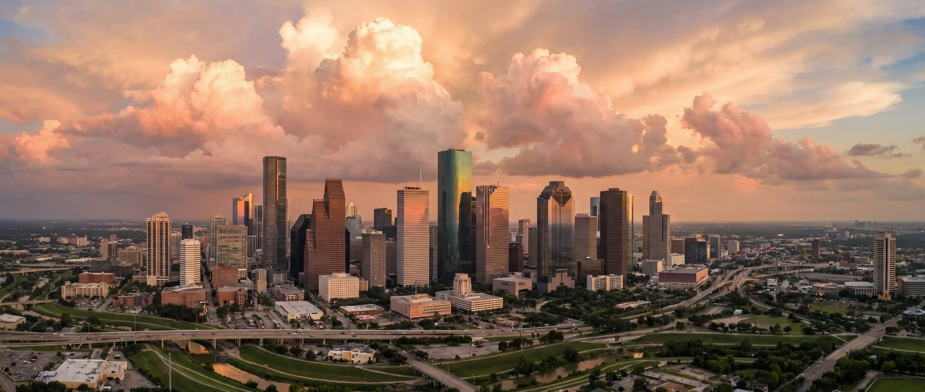 Houston Texas skyline with dramatic weather clouds
