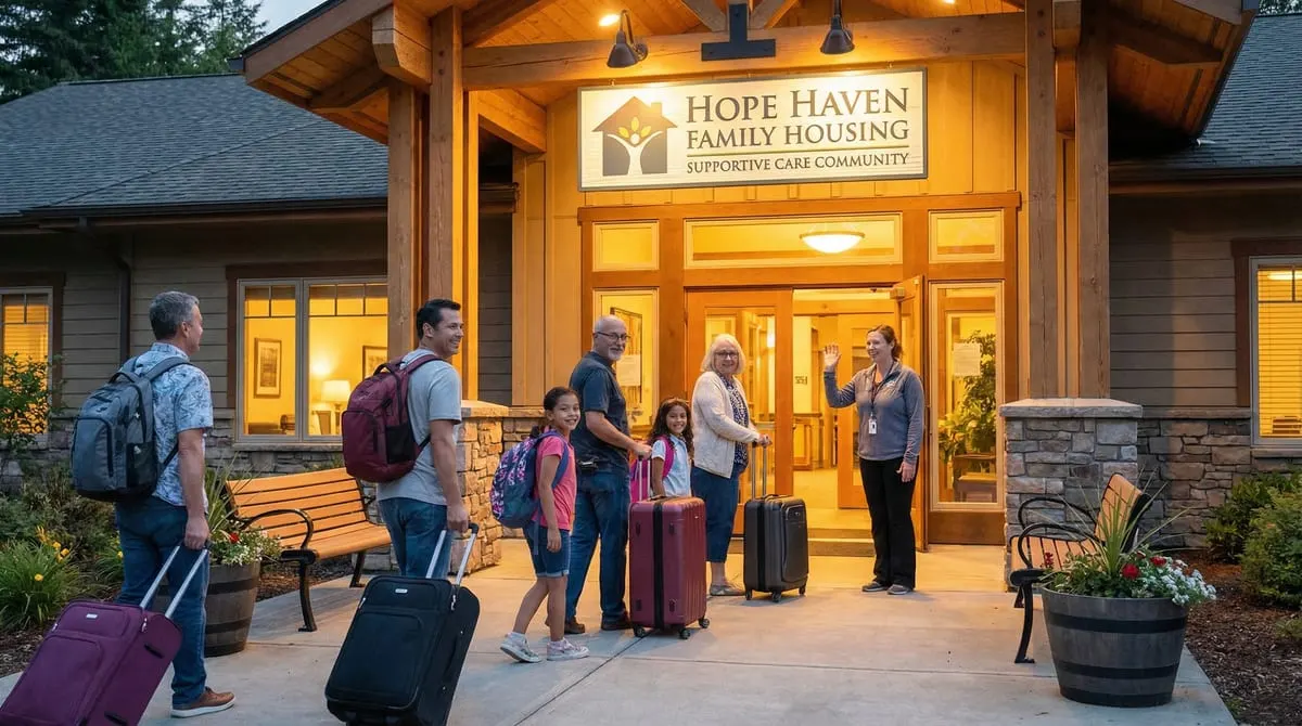 Patient family arriving at a charity patient housing facility in Texas greeted by a volunteer at the welcoming entrance