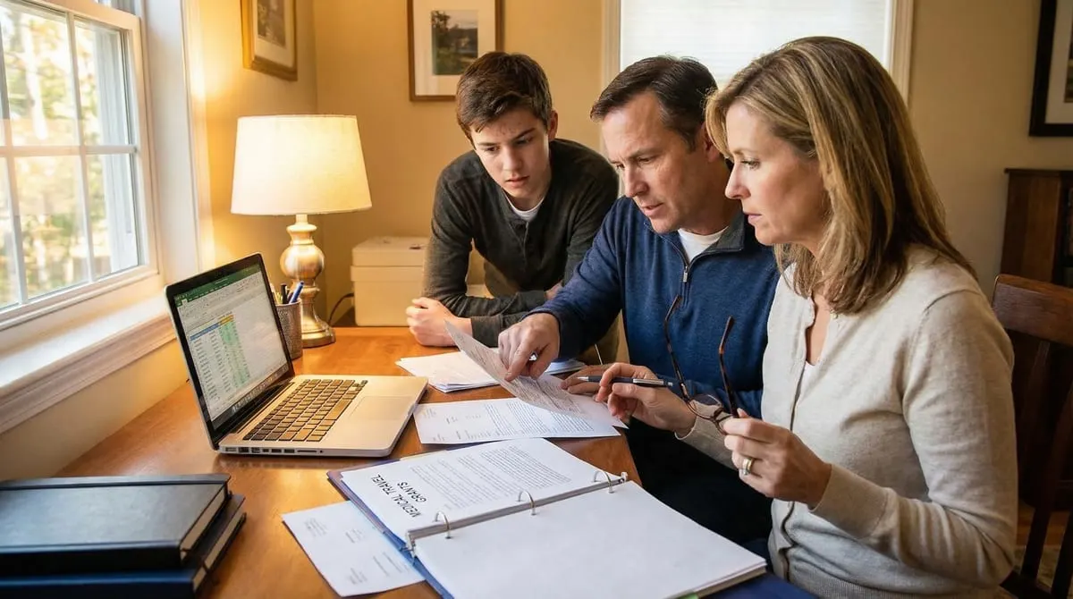 Hospital social worker at a desk helping a patient family with financial assistance paperwork