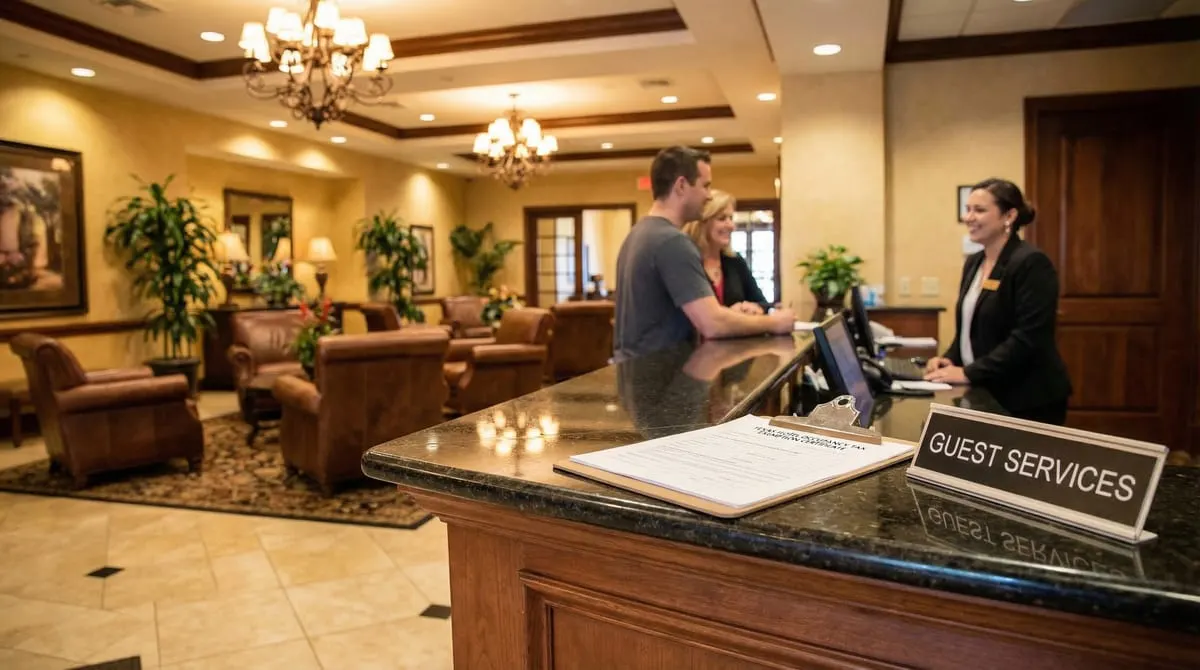 Hotel front desk check-in area with a guest reviewing a long-term stay agreement in a warm Texas-style lobby