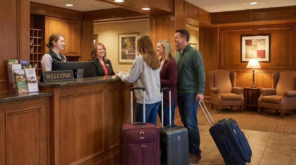 Patient family checking into an extended-stay hotel suite near a Texas hospital with a welcoming front desk and kitchenette visible