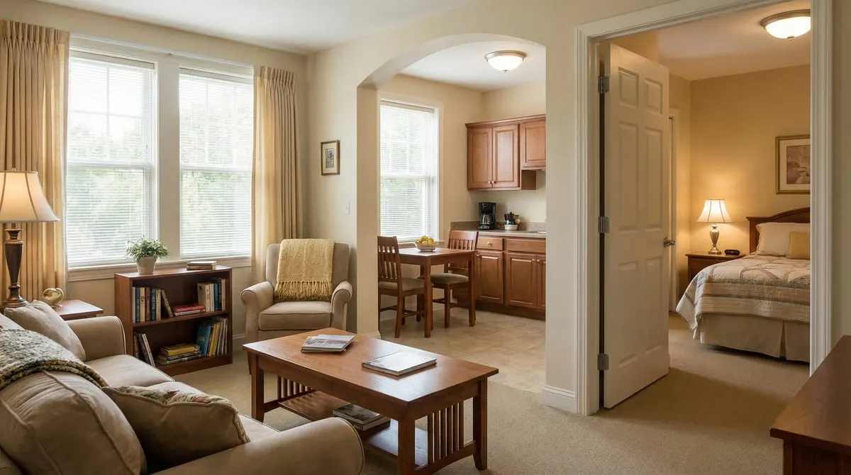 Interior of a furnished patient housing apartment near a Texas hospital with a comfortable bed, kitchenette, and window view of a medical campus
