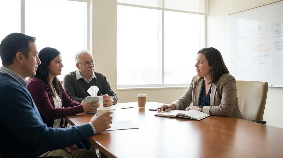 Hospital social worker sitting with a patient family in a private consultation room reviewing a patient housing referral checklist