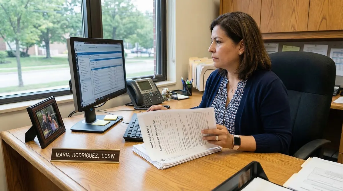 Hospital social worker reviewing patient lodging resources on a tablet while consulting with a patient family
