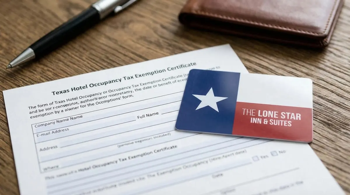 Flat-lay of Texas hotel tax exemption documents including a hotel folio receipt, Texas Tax Code reference, and a calculator showing tax savings