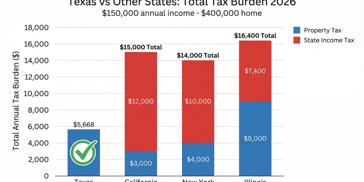 Texas total tax burden compared to California, New York, and Illinois for a $400,000 home in 2026