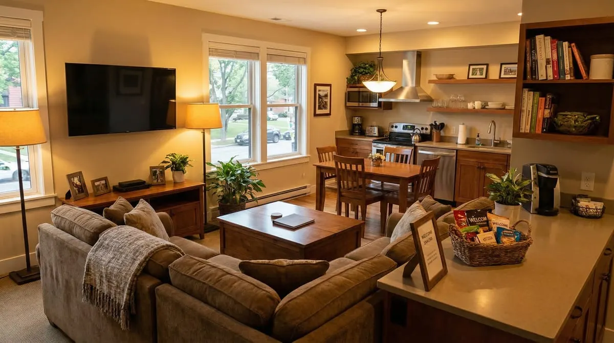 Extended-stay hotel suite interior with full kitchen, comfortable living area, and home-like furnishings ideal for military families during long-term BAMC patient stays