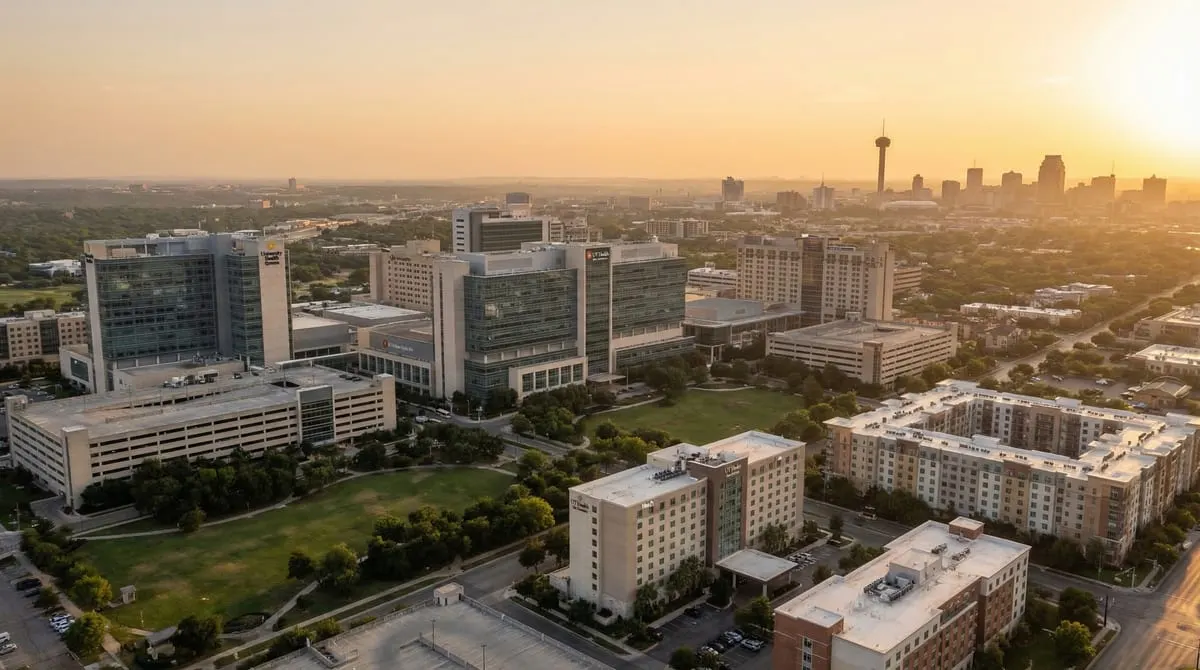 Aerial view of the South Texas Medical Center district in San Antonio with Brooke Army Medical Center and surrounding hospitals, Tower of the Americas visible in the distance